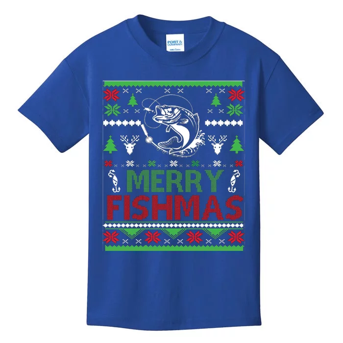 Fishing Ugly Christmas Bass Fish Merry Fishmas Funny Gift Kids T-Shirt