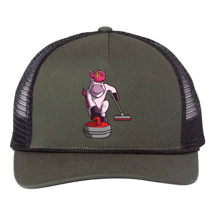 Funny Unicorn Curling Design For Men Women Curling Player Retro Rope Trucker Hat Cap