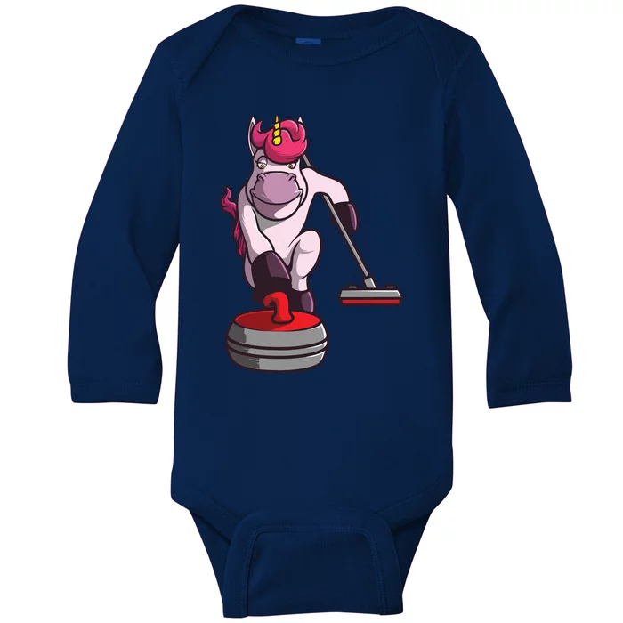 Funny Unicorn Curling Design For Men Women Curling Player Baby Long Sleeve Bodysuit