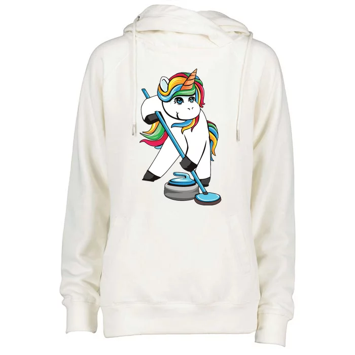 Funny Unicorn Curling Design For Men Women Curling Player Womens Funnel Neck Pullover Hood