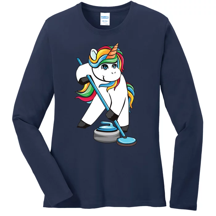 Funny Unicorn Curling Design For Men Women Curling Player Ladies Long Sleeve Shirt