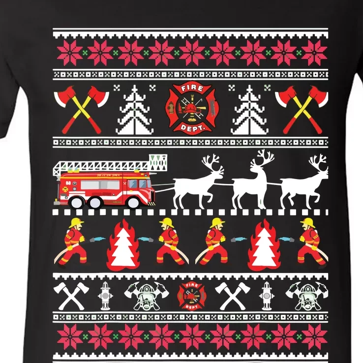 Firefighter Ugly Christmas Sweater Fireman Fire Department V-Neck T-Shirt