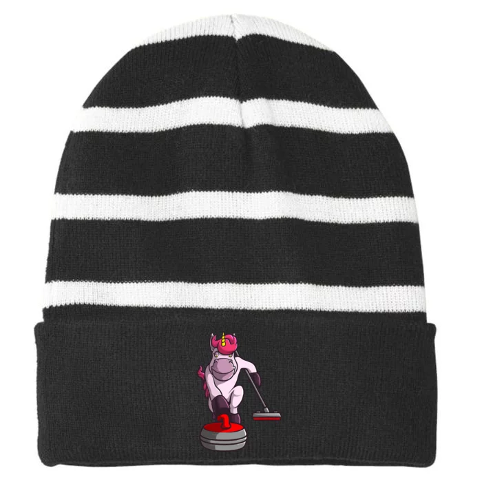 Funny Unicorn Curling Design For Curling Player Striped Beanie with Solid Band