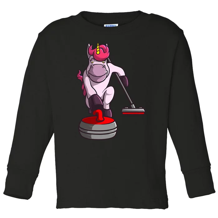 Funny Unicorn Curling Design For Curling Player Toddler Long Sleeve Shirt