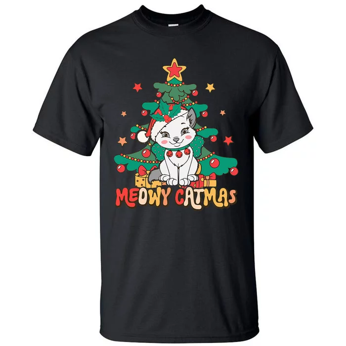 Funny Ugly Christmas Sweater Meowy Catmas Merry Catmas Tall T-Shirt