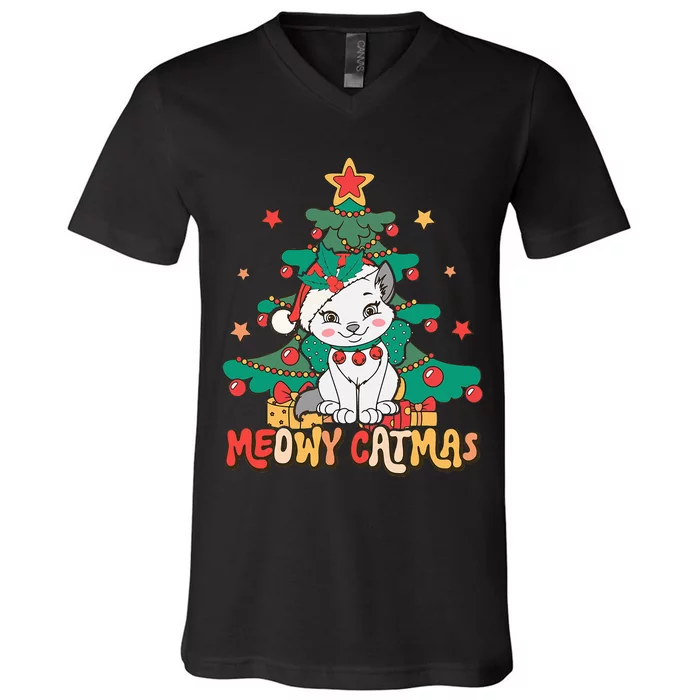 Funny Ugly Christmas Sweater Meowy Catmas Merry Catmas V-Neck T-Shirt