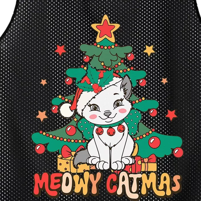 Funny Ugly Christmas Sweater Meowy Catmas Merry Catmas Mesh Reversible Basketball Jersey Tank