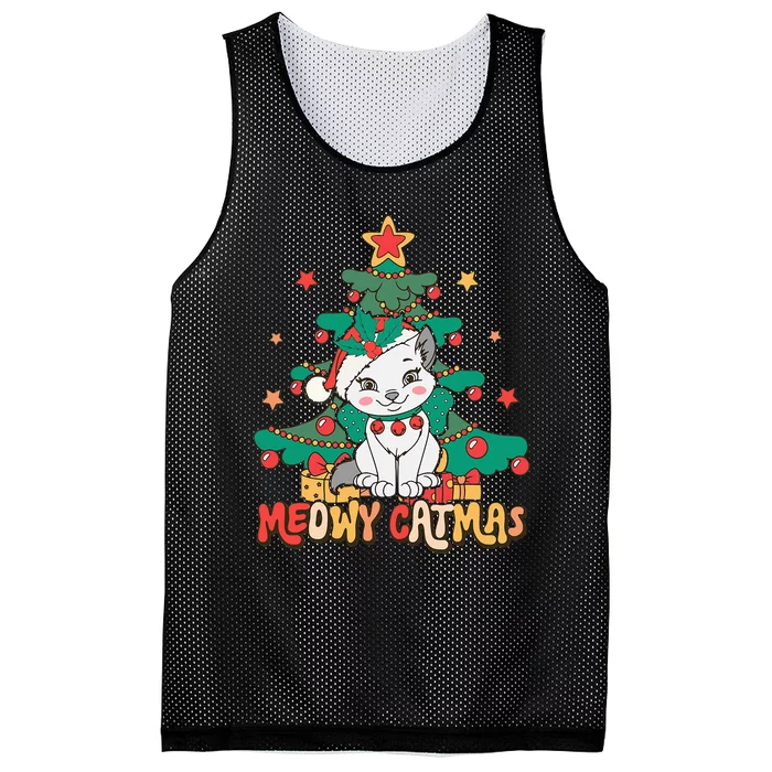 Funny Ugly Christmas Sweater Meowy Catmas Merry Catmas Mesh Reversible Basketball Jersey Tank