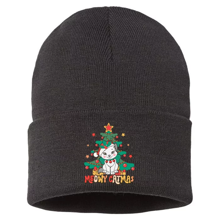 Funny Ugly Christmas Sweater Meowy Catmas Merry Catmas Sustainable Knit Beanie