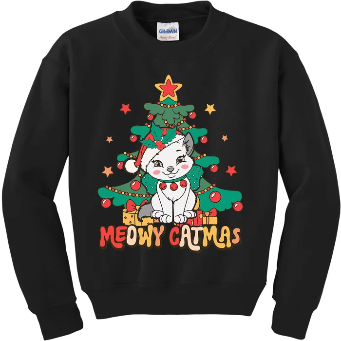 Funny Ugly Christmas Sweater Meowy Catmas Merry Catmas Kids Sweatshirt