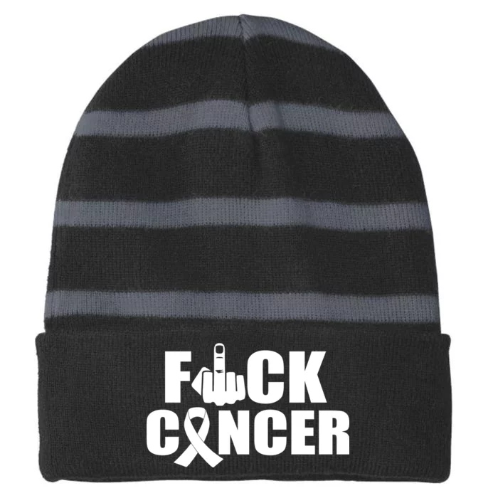 Fuck Cancer Ribbon Middle Finger Striped Beanie with Solid Band