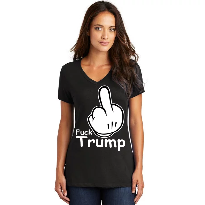 Fuck Trump Cartoon Middle Finger Resist Anti Trump Women's V-Neck T-Shirt