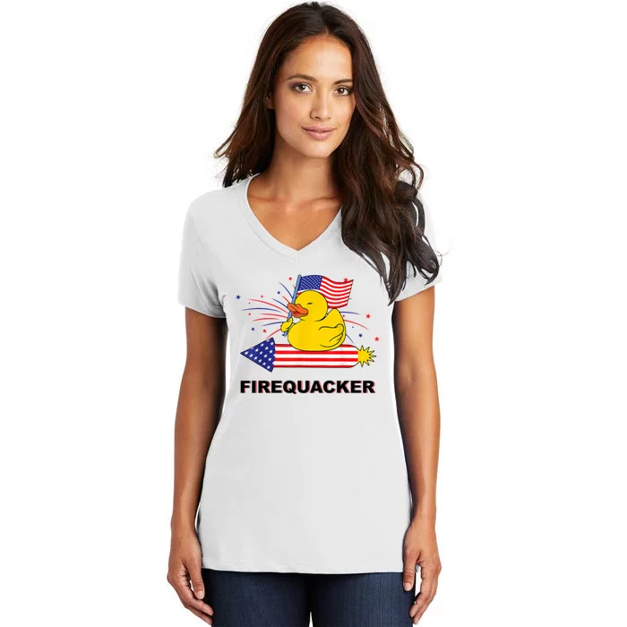 Firequacker Usa Duck Firework 4th Of July Women's V-Neck T-Shirt