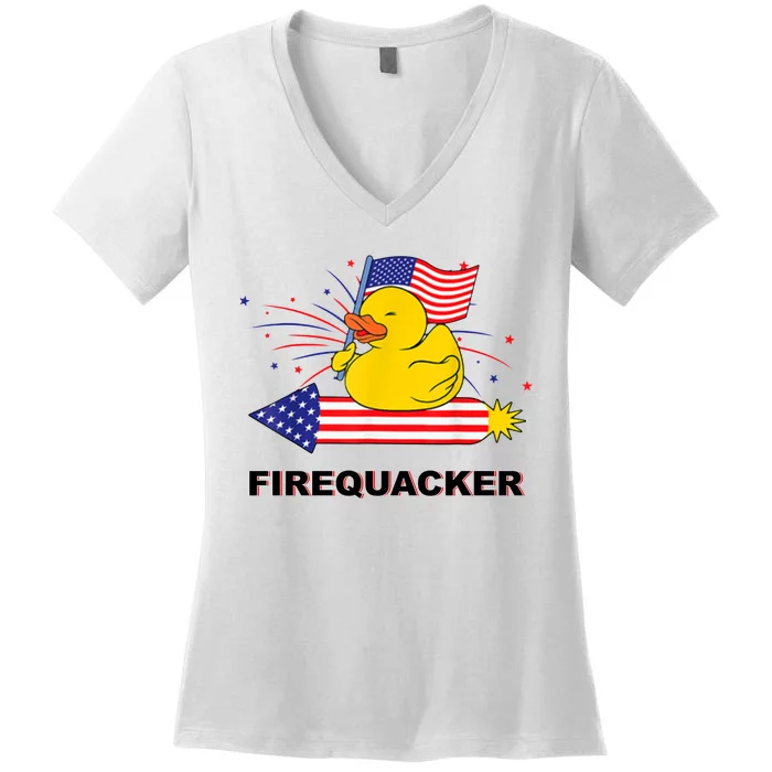 Firequacker Usa Duck Firework 4th Of July Women's V-Neck T-Shirt