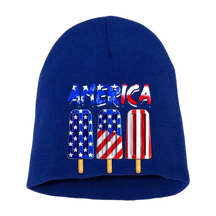 Funny Usa Flag America Cream Popsicle Patriotic 4th Of July Cute Gift Short Acrylic Beanie