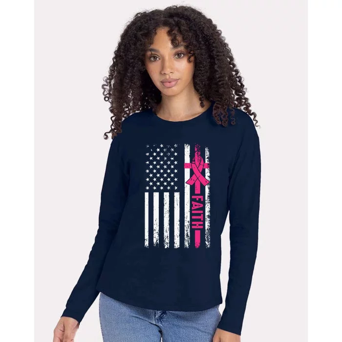 Faith Usa Flag Cancer Logo Womens Cotton Relaxed Long Sleeve T-Shirt