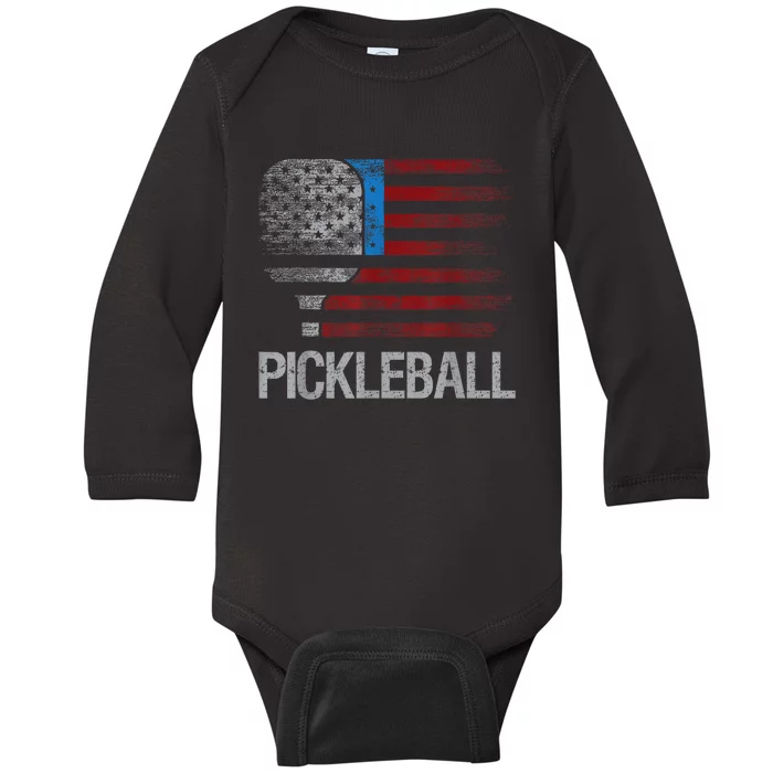 Funny Us Flag Pickleball Player Paddleball Lover Baby Long Sleeve Bodysuit