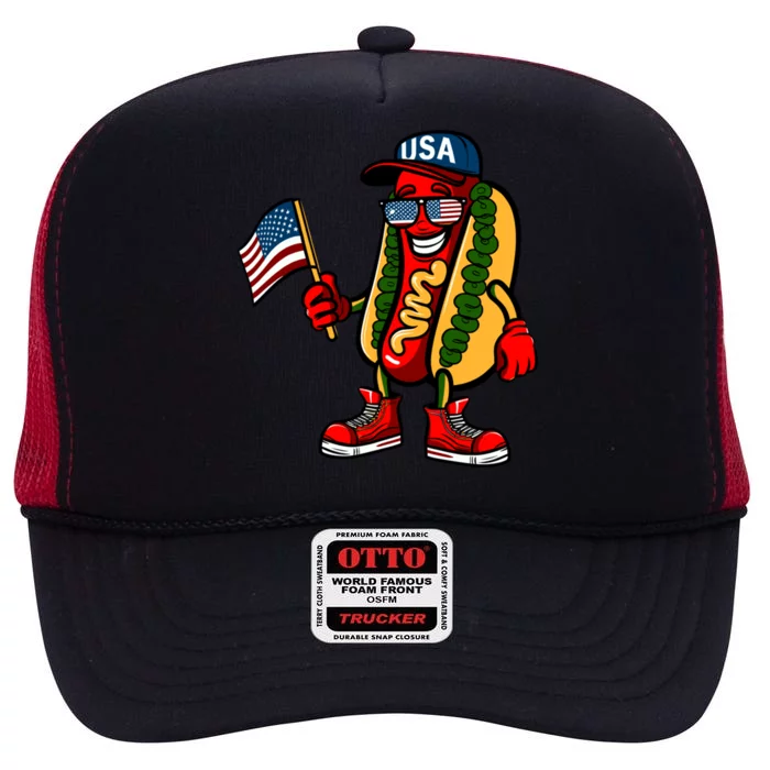 Fun Usa Flag Patriotic Hot Dog Gift High Crown Mesh Trucker Hat