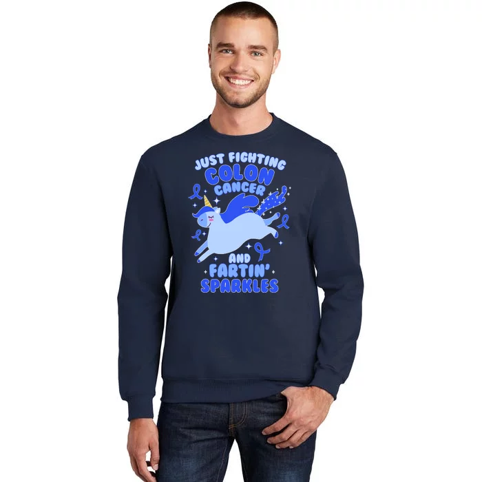 Funny Unicorn Fighting Colon Cancer And Farting Sparkles Tall Sweatshirt