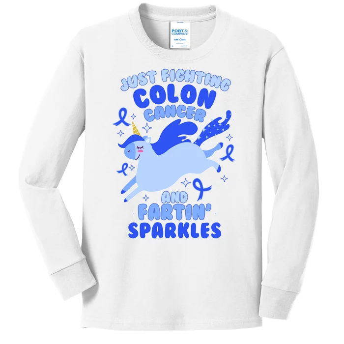 Funny Unicorn Fighting Colon Cancer And Farting Sparkles Kids Long Sleeve Shirt