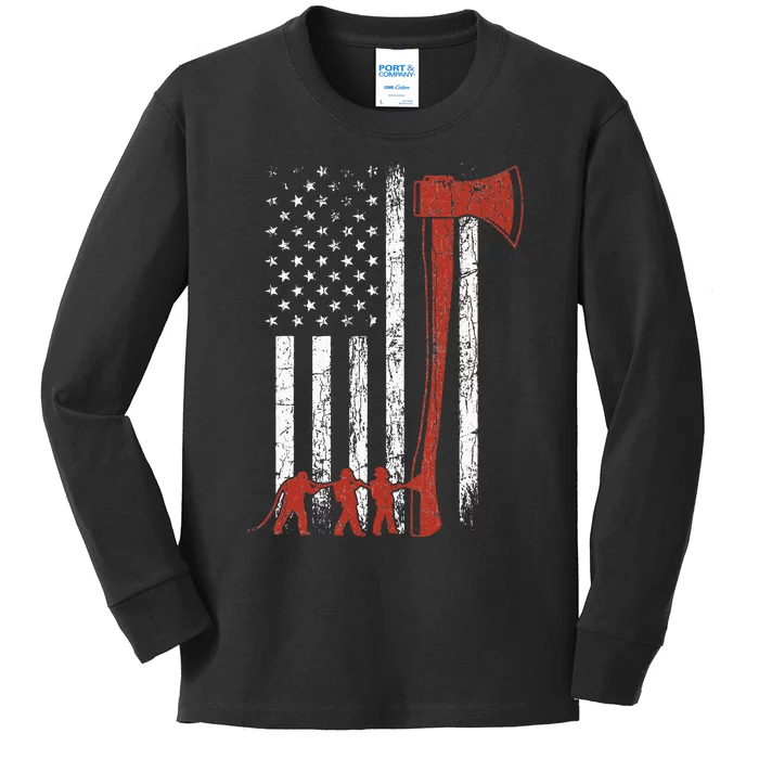 Firefighter USA Flag Funny Fire Fire Truck Kids Long Sleeve Shirt