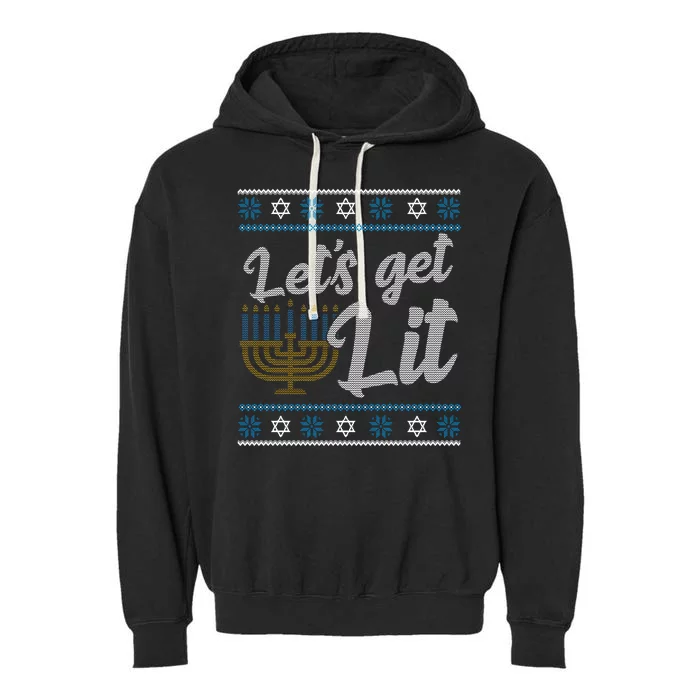 Funny Ugly Hanukkah Lets Get Lit Menorah Garment-Dyed Fleece Hoodie