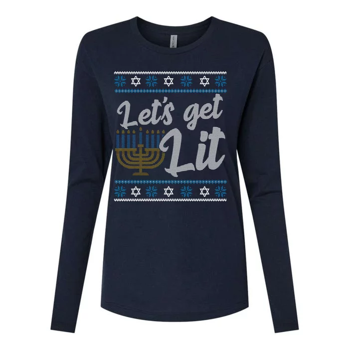 Funny Ugly Hanukkah Lets Get Lit Menorah Womens Cotton Relaxed Long Sleeve T-Shirt