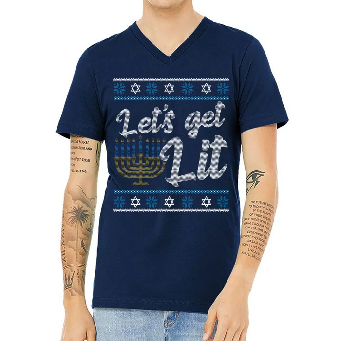 Funny Ugly Hanukkah Lets Get Lit Menorah V-Neck T-Shirt