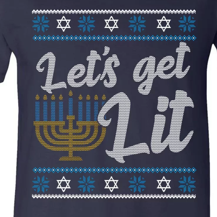 Funny Ugly Hanukkah Lets Get Lit Menorah V-Neck T-Shirt