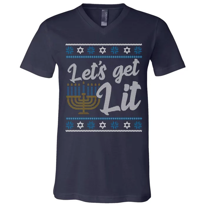 Funny Ugly Hanukkah Lets Get Lit Menorah V-Neck T-Shirt