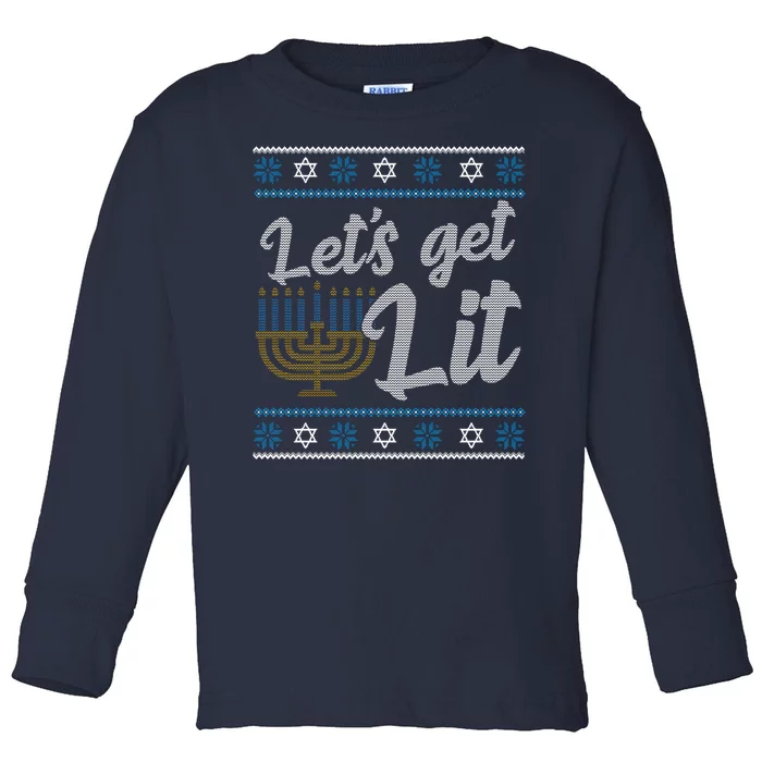 Funny Ugly Hanukkah Lets Get Lit Menorah Toddler Long Sleeve Shirt