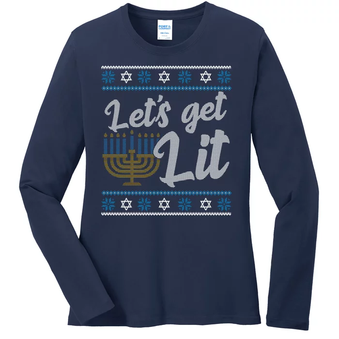 Funny Ugly Hanukkah Lets Get Lit Menorah Ladies Long Sleeve Shirt