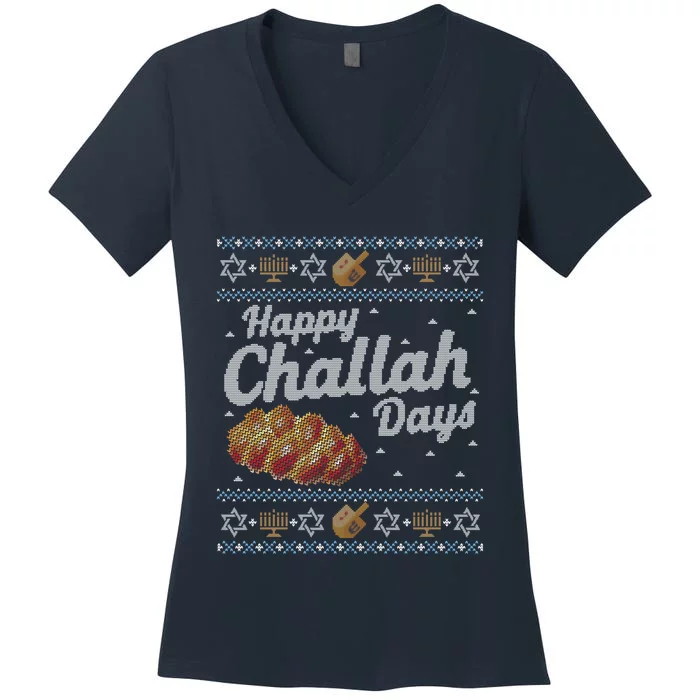 Funny Ugly Hanukkah Sweater Happy Challah Days Women's V-Neck T-Shirt