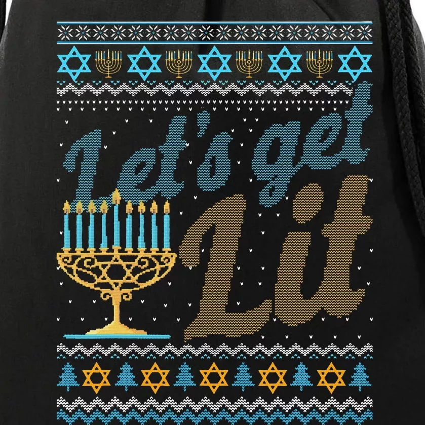 Funny Ugly Hanukkah Sweater Lets Get Lit Menorah Jewish Gift Drawstring Bag