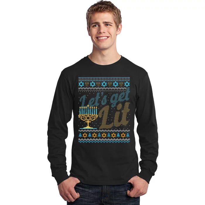 Funny Ugly Hanukkah Sweater Lets Get Lit Menorah Jewish Gift Tall Long Sleeve T-Shirt