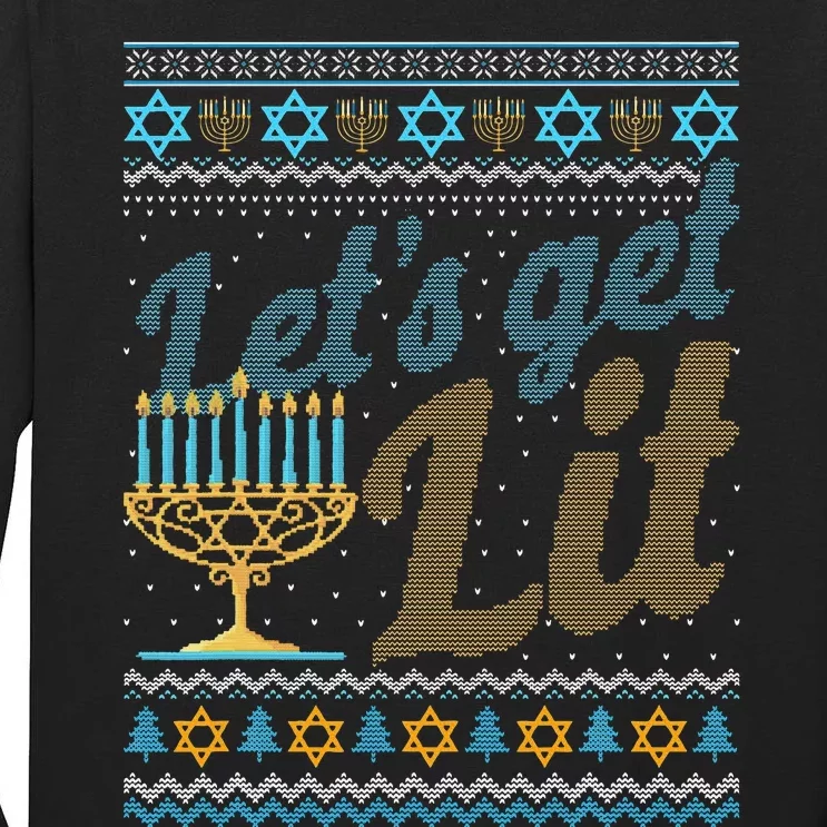 Funny Ugly Hanukkah Sweater Lets Get Lit Menorah Jewish Gift Tall Long Sleeve T-Shirt