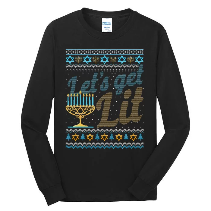 Funny Ugly Hanukkah Sweater Lets Get Lit Menorah Jewish Gift Tall Long Sleeve T-Shirt