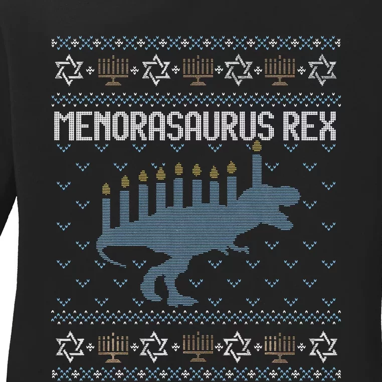 Funny Ugly Hanukkah Sweater Dino Trex Menorah Ladies Long Sleeve Shirt