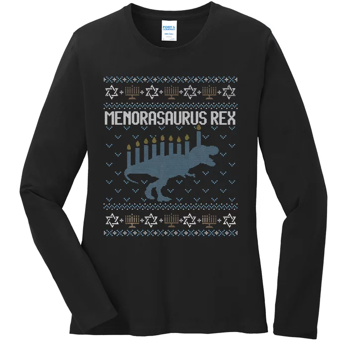 Funny Ugly Hanukkah Sweater Dino Trex Menorah Ladies Long Sleeve Shirt