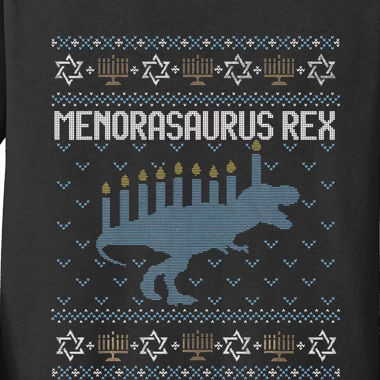 Funny Ugly Hanukkah Sweater Dino Trex Menorah Kids Long Sleeve Shirt