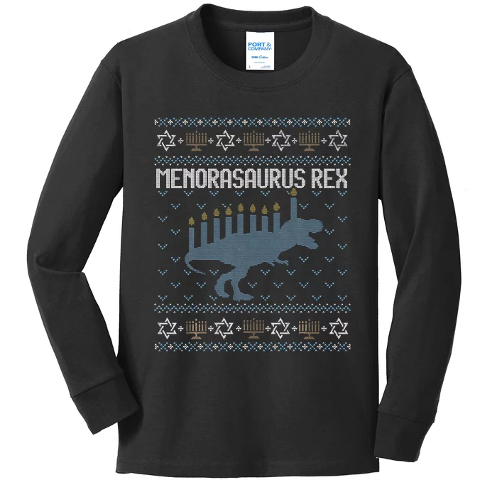 Funny Ugly Hanukkah Sweater Dino Trex Menorah Kids Long Sleeve Shirt