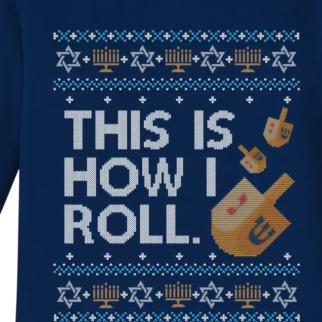 Funny Ugly Hanukkah Sweater How I Roll Dreidel Baby Long Sleeve Bodysuit