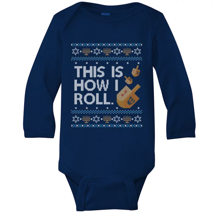 Funny Ugly Hanukkah Sweater How I Roll Dreidel Baby Long Sleeve Bodysuit