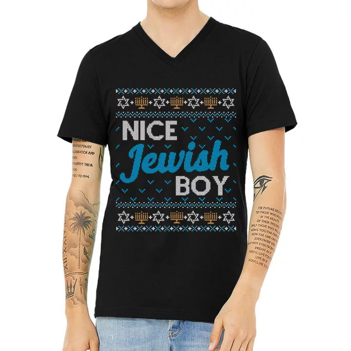 Funny Ugly Hanukkah Sweater Nice Jewish Boy Matching V-Neck T-Shirt