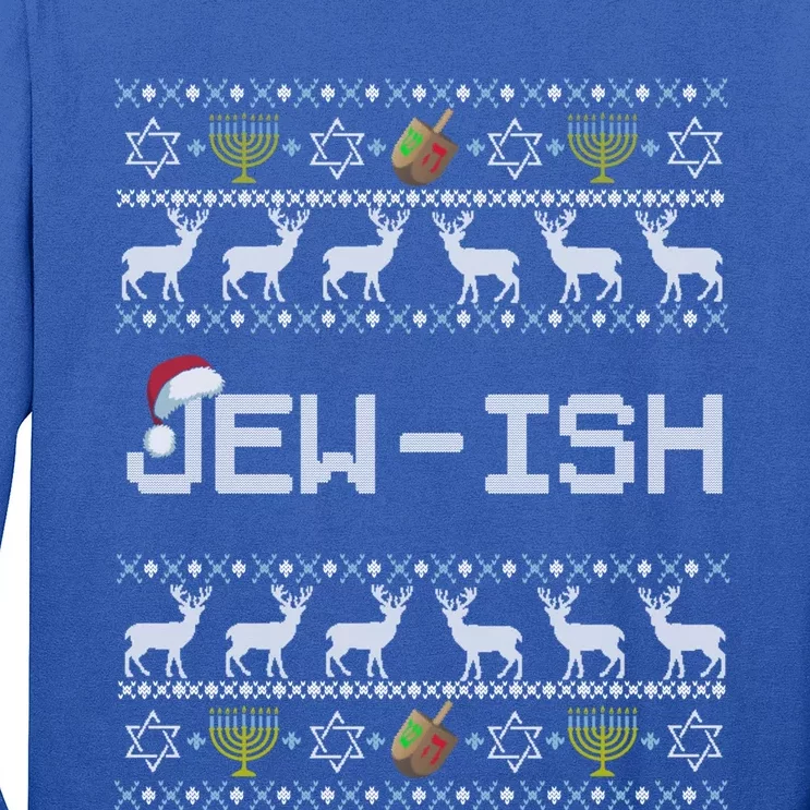 Funny Ugly Hanukkah Sweater Jewgiftish Gift Jewish Deer Santa Hat Cool Gift Long Sleeve Shirt