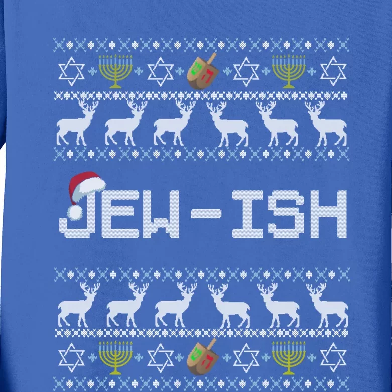 Funny Ugly Hanukkah Sweater Jewgiftish Gift Jewish Deer Santa Hat Cool Gift Kids Long Sleeve Shirt