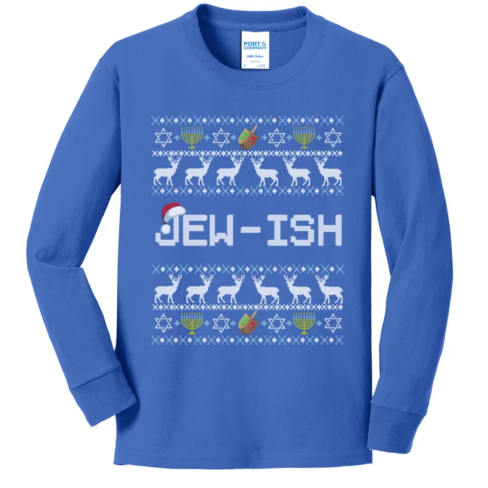 Funny Ugly Hanukkah Sweater Jewgiftish Gift Jewish Deer Santa Hat Cool Gift Kids Long Sleeve Shirt