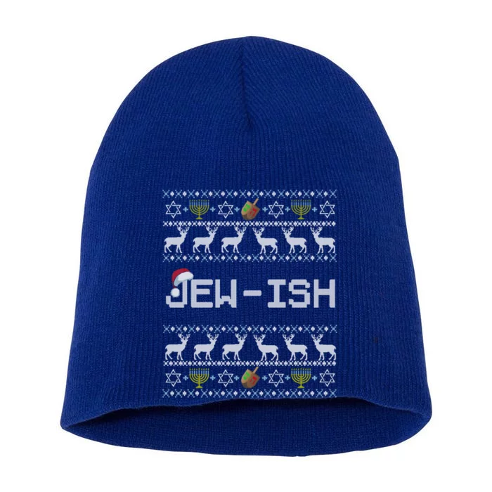 Funny Ugly Hanukkah Sweater Jewgiftish Gift Jewish Deer Santa Hat Cool Gift Short Acrylic Beanie