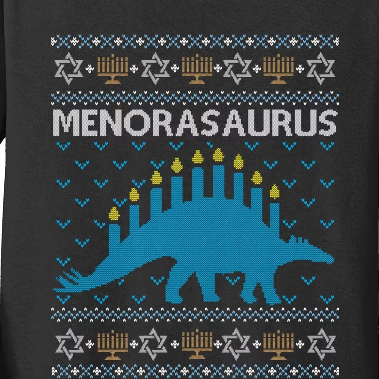 Funny Ugly Hanukkah Sweater Dinosaur Menorah Dino Kids Long Sleeve Shirt