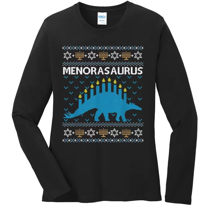 Funny Ugly Hanukkah Sweater Dinosaur Menorah Dino Ladies Long Sleeve Shirt